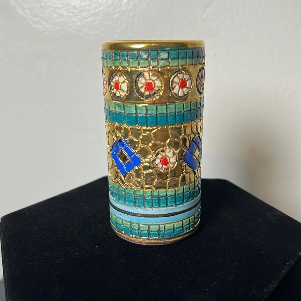Ceramiche D’Arte Mario Sambuco Italy Miniature Mosaic Hand Painted Cylinder Vase